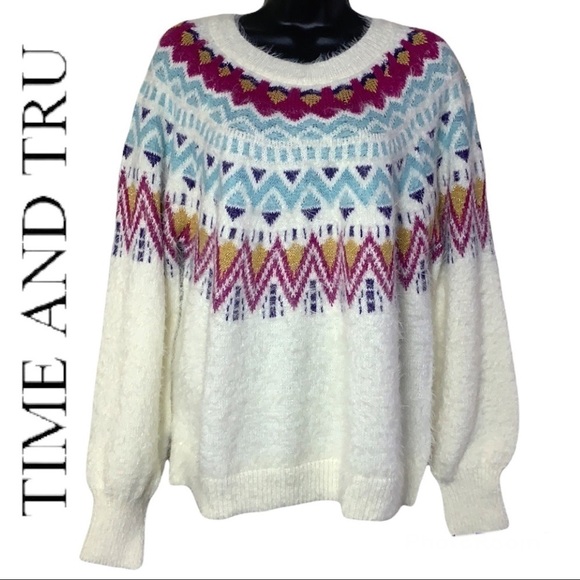 Time and Tru Off White Fair Isle Women’s Crewneck Sweater Size L - Picture 1 of 12